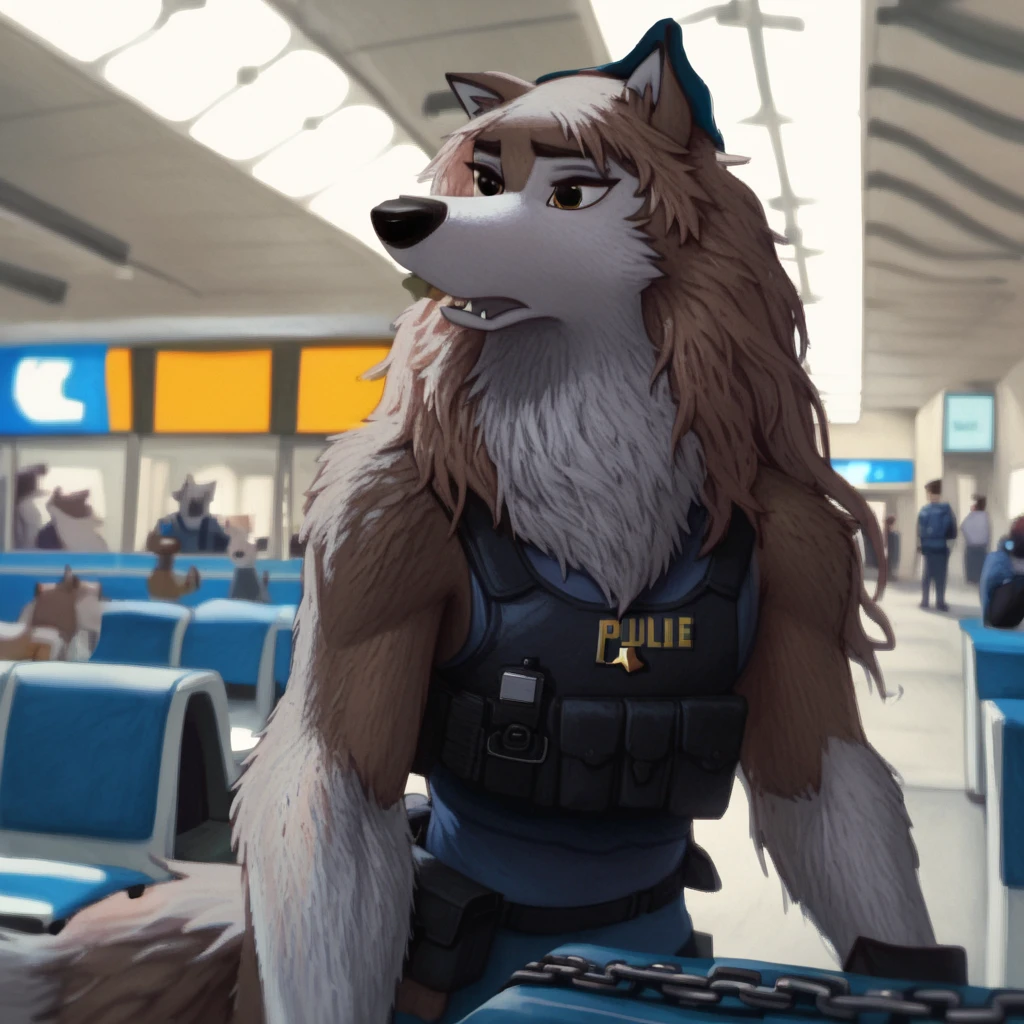 score_9, score_8_up, score_7_up, score_6_up, aleu, jenna, kate,   very extra long haired, anthropomorphic, adult, furry, wolf, wearing a heavy police vest,panting, transit station,, black tactical uniform, chain collar, adult furry wolf, wavy hair, long slender snout, sniffing luggage, 