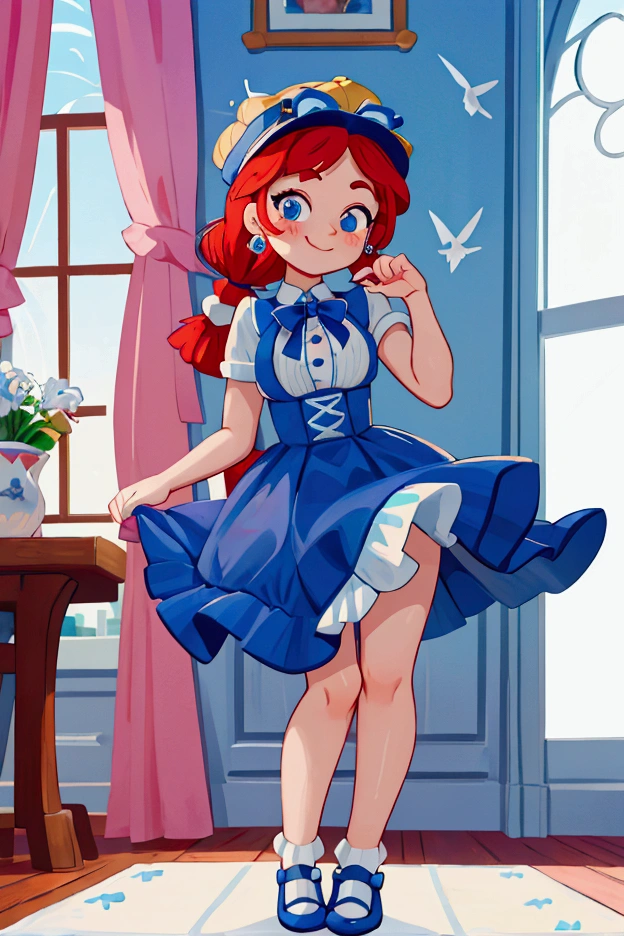 (masterpiece, best quality), 1girl, blue and white frill dress, red hair, two ponytails, cute face, blue eyes, standing, indoor, intricate detail, sunlight, cute dog hat, sexy pose, blue and white shoes, earrings, elegant hand watch, smile, coquette, gorgeous legs, mature ager body, lovely, gorgeous body, pronounced breasts