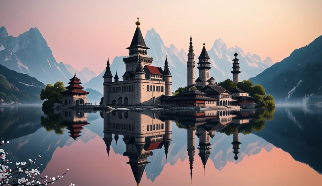 a water reflection scenic picture of a medieval town with a castle, temple, towers, sitting on the bank of a lake, behind it there isa snowy mountain, along the bank there are blossoming cherry trees, it is dawn and the sun is rising