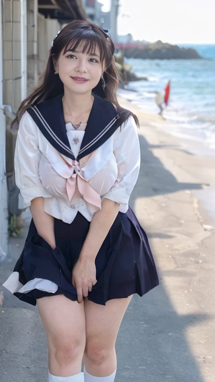 full body shot, from below,  japanese mature,  detailed face , smile,  white skin, (curvy body, Large Breasts,  plump thighs:1.5), (earrings,  Necklaces ,  high school uniform ,  sailor suit, sailor collar,  Navy Blue Pleated Mini Skirt,JK_style,short-sleeved JK_sailor:1.2), (Short socks, wearing loafers :1.2), ( takes a picture of the whole body from toe to head,  standing on the seaside , standing:1.2), ( surrealism, best quality, ultra detailed, absolutely resolution, 8k, anatomically correct), depth of field, looking at viewer, tachi-e