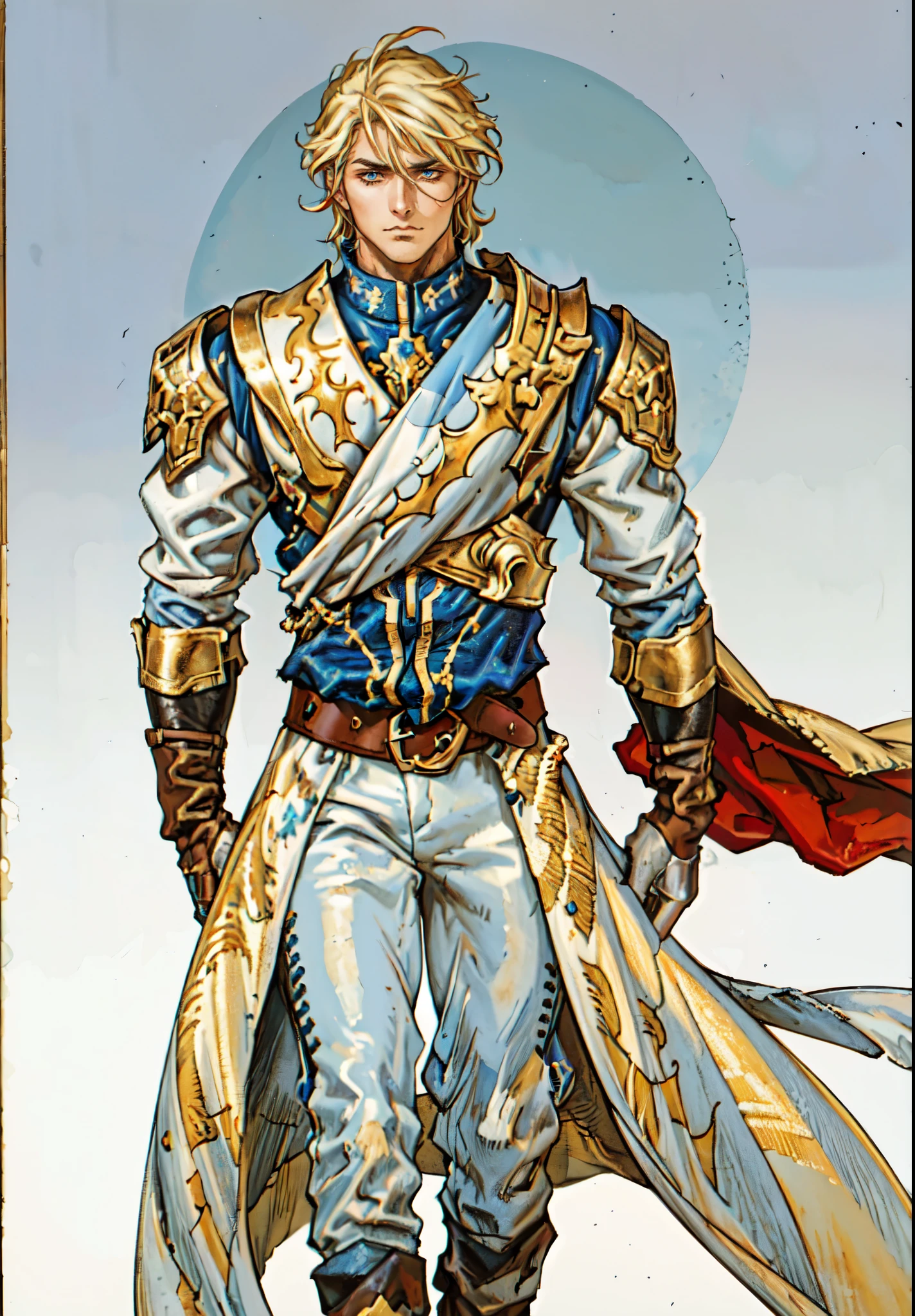 (masterpiece:1.2, best quality:1.2, extremely delicate:1.2), ((male:1.5)), a middle-aged man with short tousled golden hair, deep-set eyes, sharply defined features, serious expression, luxurious yellow-and-white fantasy-style composite silk satin top, silk ribbon cape around the upper body, small metallic shoulder pads, fabric gloves, a belt adorned with metallic gear decorations, dark hem, white fabric trousers, strolling in a medieval fantasy-style city, this character embodies a finely crafted fantasy-style nobleman in anime style, exquisite and mature manga art style, dramatic, high definition, highres, ultra-detailed, ultra-fine painting, professional, perfect body proportions, golden ratio, anatomically correct, symmetrical face, extremely detailed eyes and face, high quality eyes, creativity, RAW photo, UHD, 32k, Natural light, cinematic lighting, (masterpiece-anatomy-perfect:1.2)