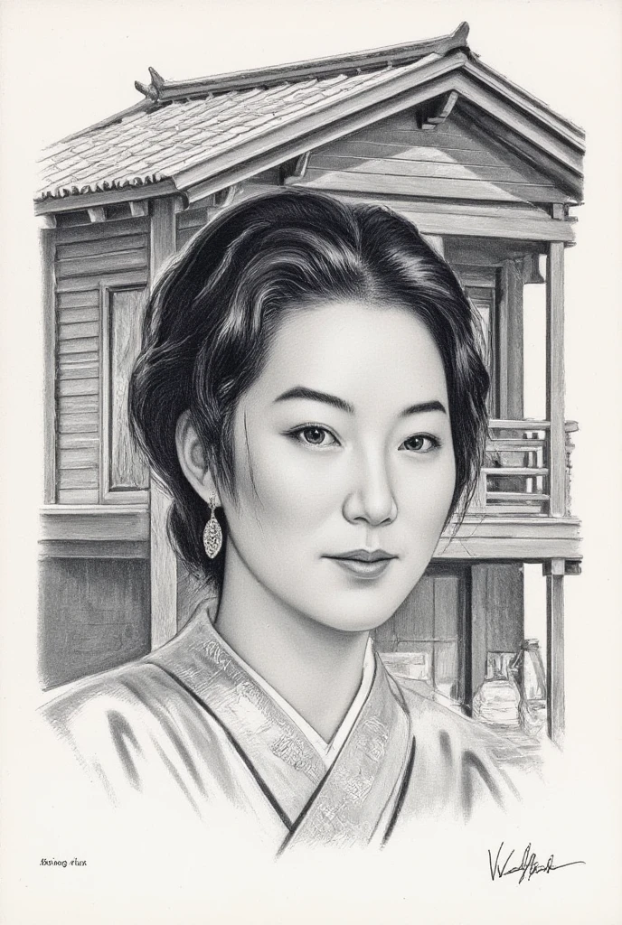 Japanese Lady in the wooden house ,pencil drawing ,wong-chan-flux