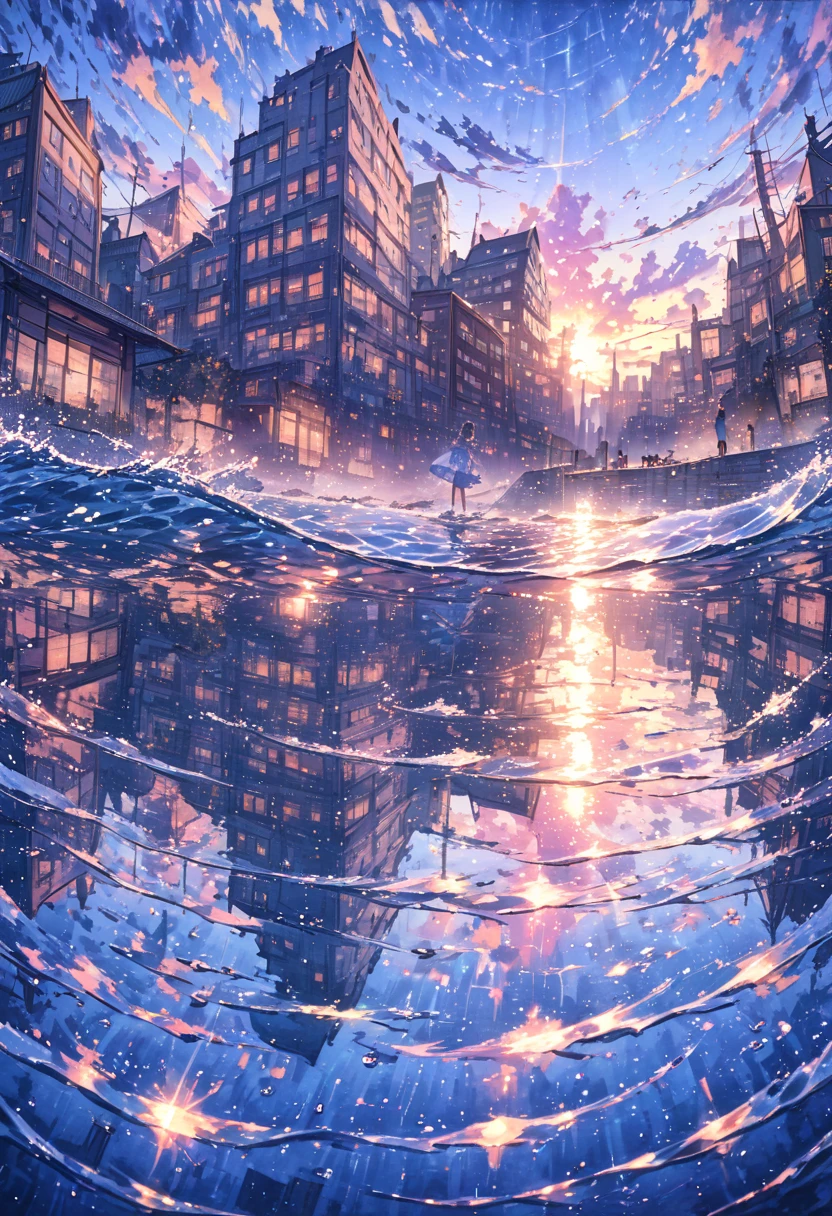 cityscape, twilight sky, shallow water, city reflection, twisting building, dreamy skies, watercolor effect, cinematic lighting, water ripples, surreal, dreamlike, masterpiece, digital painting, water color,best quality, absurdres.