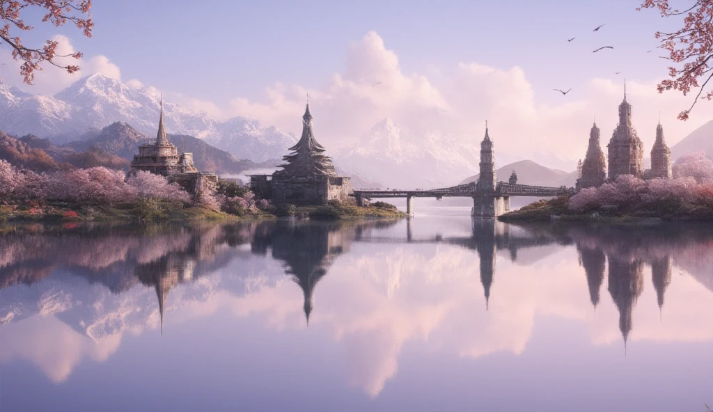 a water reflection scenic picture of a medieval town with a castle, temple, towers, sitting on the bank of a lake, behind it there isa snowy mountain, along the bank there are blossoming cherry trees, it is dawn and the sun is rising