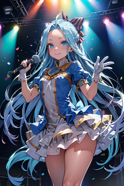 (masterpiece, best quality),1girl, solo, looking at viewer, p, (full body:1.1), (stage, stage lights:1.1), (lyria, lyria_\(born_to_be_snowdos\)_\(granblue_fantasy\):1.2) light blue hair, (long ponytail:1.5), ahoge, blue eyes, (white clothes:1.3), sleeveless, (short shotrs:1.3), (black pantyhose, black stocking:1.2), blue pendant, small breasts, smile, (singing:1.1), (microphone:1.5), blurry, depth of field, <hypernet:lyria-face-20221224:0.7>