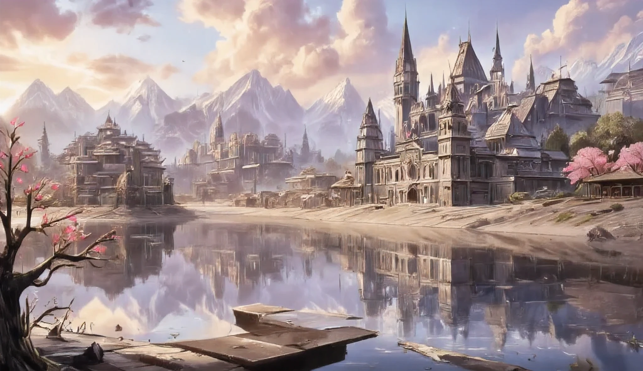 a water reflection scenic picture of a medieval town with a castle, temple, towers, sitting on the bank of a lake, behind it there isa snowy mountain, along the bank there are blossoming cherry trees, it is dawn and the sun is rising