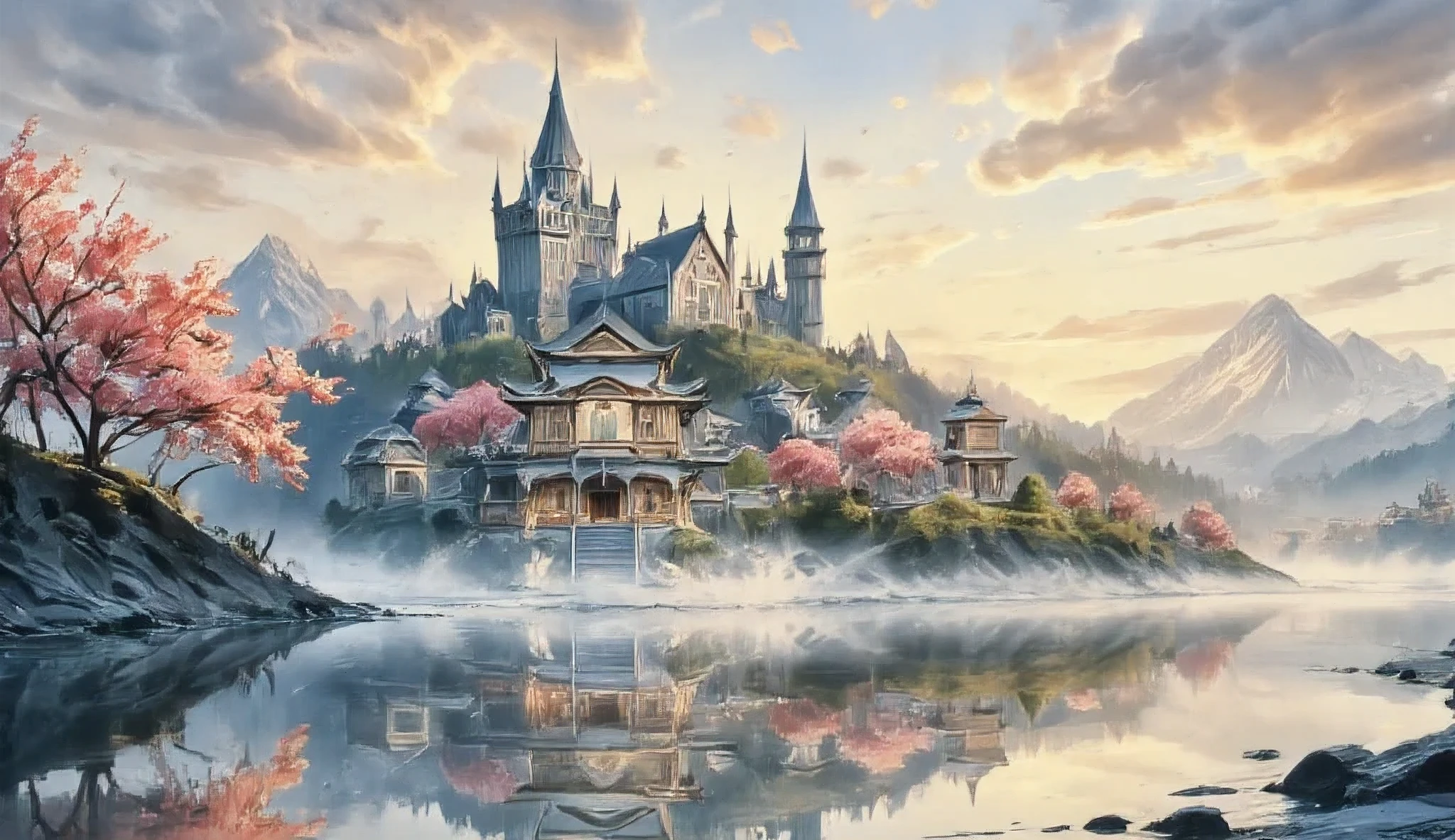 a water reflection scenic picture of a medieval town with a castle, temple, towers, sitting on the bank of a lake, behind it there isa snowy mountain, along the bank there are blossoming cherry trees, it is dawn and the sun is rising