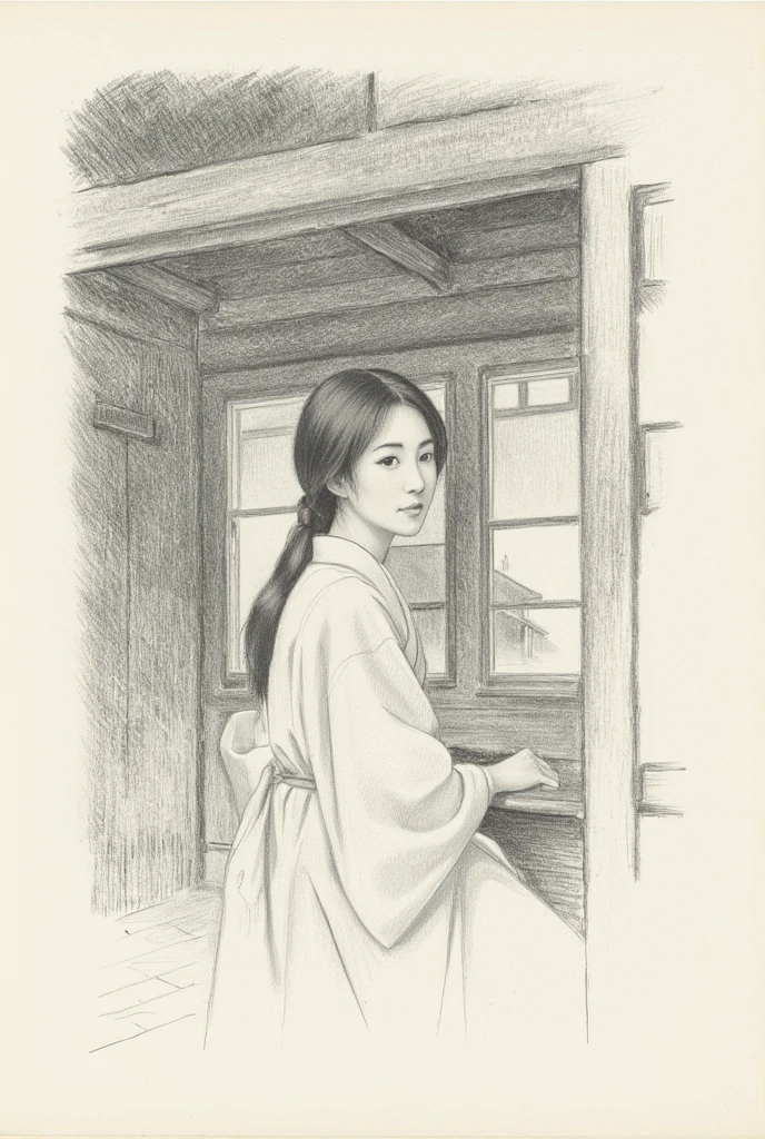 Japanese Lady in the wooden house ,pencil drawing ,wong-chan-flux