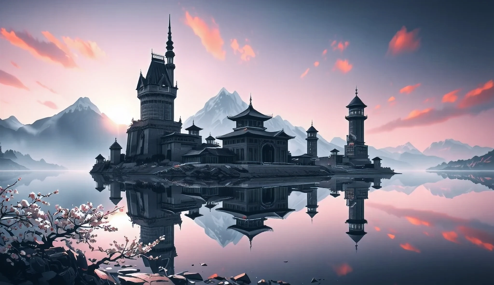 a water reflection scenic picture of a medieval town with a castle, temple, towers, sitting on the bank of a lake, behind it there isa snowy mountain, along the bank there are blossoming cherry trees, it is dawn and the sun is rising