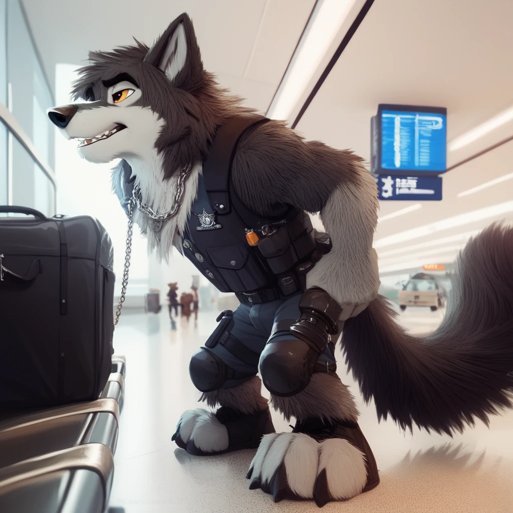 score_9, score_8_up, score_7_up, score_6_up, balto,  very extra long haired, anthropomorphic, adult, furry, wolf, wearing a heavy police vest,panting, transit station,anthro, black tactical uniform, chain collar, adult furry wolf, wavy hair, long slender snout, sniffing luggage, furry wolf sniffling the luggage with it's nose 