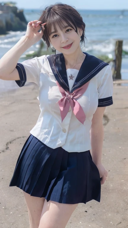 full body shot, from below,  japanese mature,  detailed face , smile,  white skin, (curvy body, Large Breasts,  plump thighs:1.5), (earrings,  Necklaces ,  high school uniform ,  sailor suit, sailor collar,  Navy Blue Pleated Mini Skirt,JK_style,short-sleeved JK_sailor:1.2), (Short socks, wearing loafers :1.2), ( takes a picture of the whole body from toe to head,  standing on the seaside , standing:1.2), ( surrealism, best quality, ultra detailed, absolutely resolution, 8k, anatomically correct), depth of field, looking at viewer, tachi-e, arms up