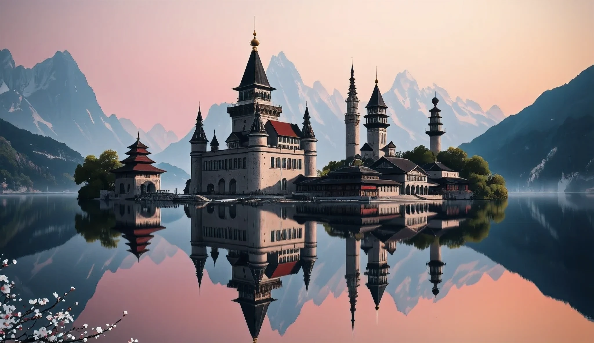 a water reflection scenic picture of a medieval town with a castle, temple, towers, sitting on the bank of a lake, behind it there isa snowy mountain, along the bank there are blossoming cherry trees, it is dawn and the sun is rising