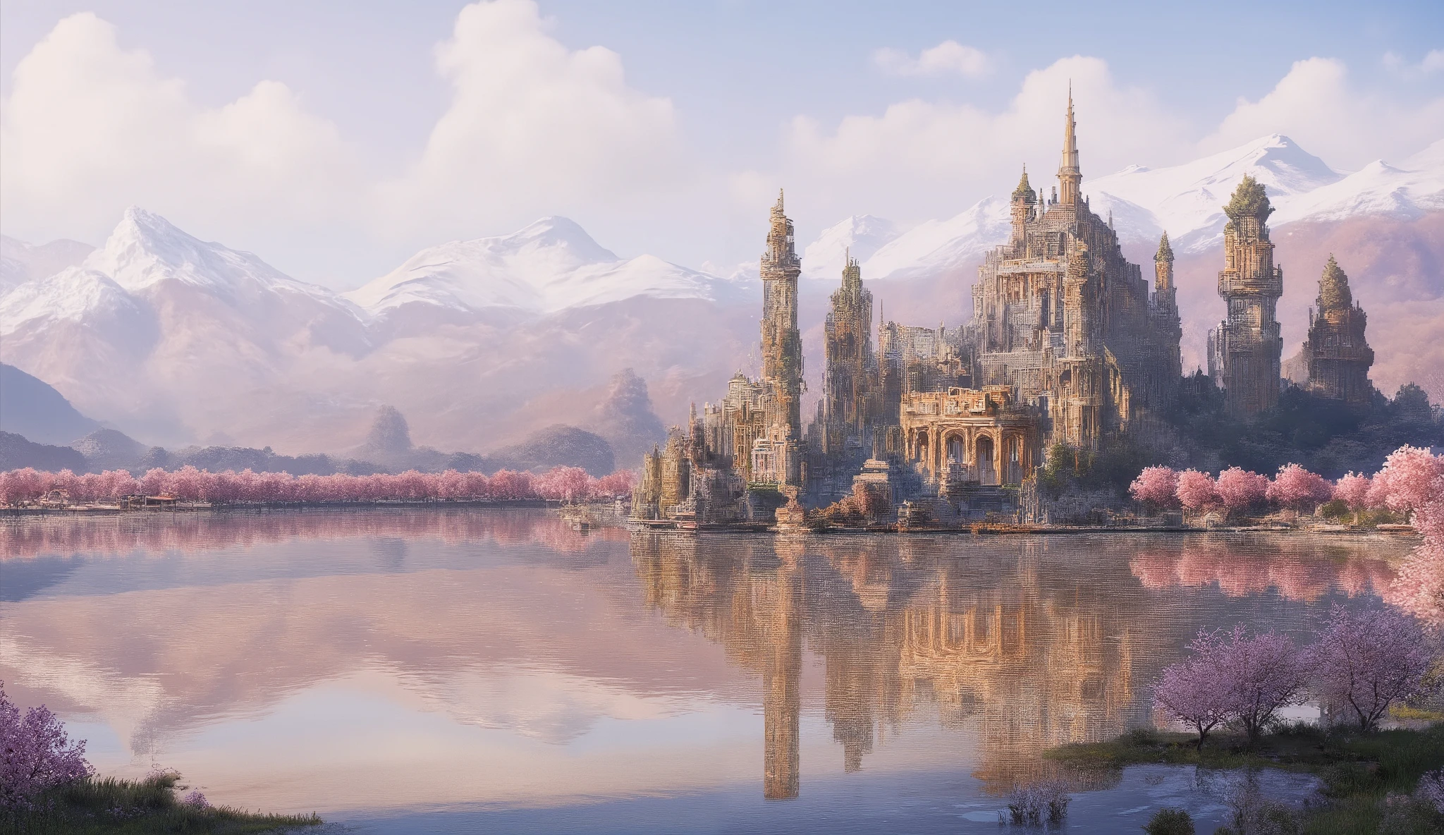 a water reflection scenic picture of a medieval town with a castle, temple, towers, sitting on the bank of a lake, behind it there isa snowy mountain, along the bank there are blossoming cherry trees, it is dawn and the sun is rising