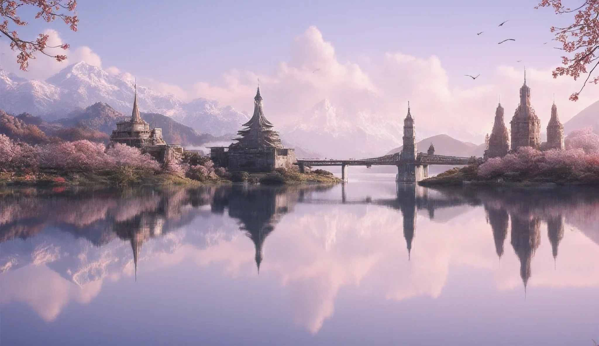 a water reflection scenic picture of a medieval town with a castle, temple, towers, sitting on the bank of a lake, behind it there isa snowy mountain, along the bank there are blossoming cherry trees, it is dawn and the sun is rising