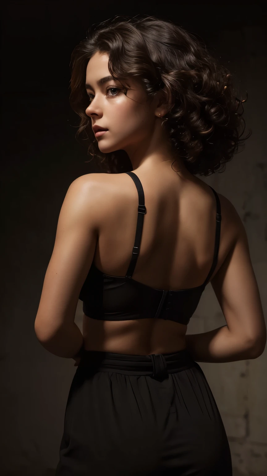 Best quality, masterpiece, ultra high res, (photorealistic:1.4), raw photo, 1girl, waist up, deep shadow, dark theme, cinematic, beautiful girl, beautiful eyes, turned back, curly hair
