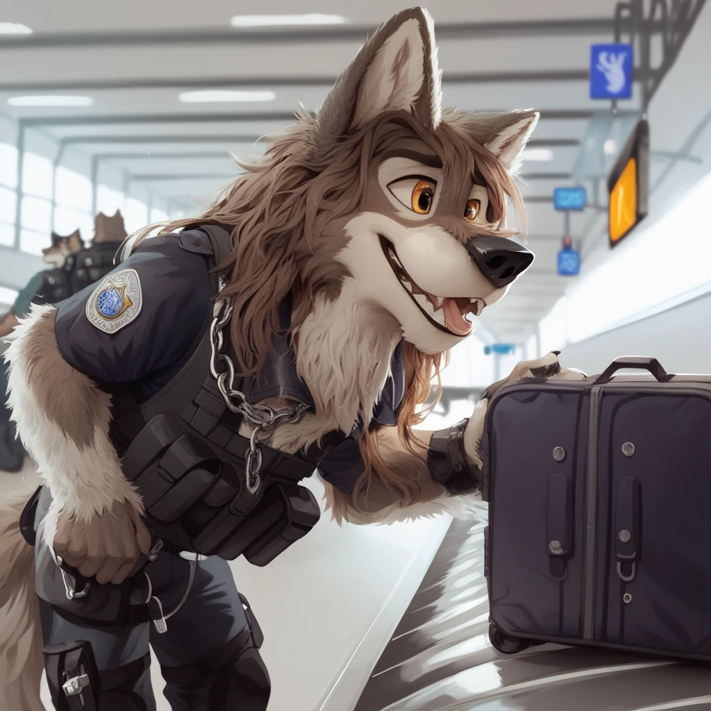 score_9, score_8_up, score_7_up, score_6_up, balto,  very extra long haired, anthropomorphic, adult, furry, wolf, wearing a heavy police vest,panting, transit station,anthro, black tactical uniform, chain collar, adult furry wolf, wavy hair, long slender snout, sniffing luggage, furry wolf sniffling the luggage with it's nose 