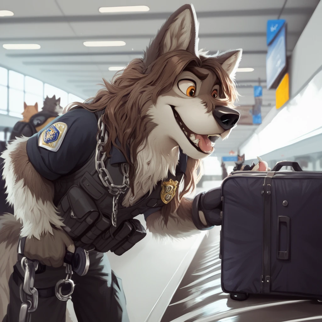 score_9, score_8_up, score_7_up, score_6_up, balto,  very extra long haired, anthropomorphic, adult, furry, wolf, wearing a heavy police vest,panting, transit station,anthro, black tactical uniform, chain collar, adult furry wolf, wavy hair, long slender snout, sniffing luggage, furry wolf sniffling the luggage with it's nose 