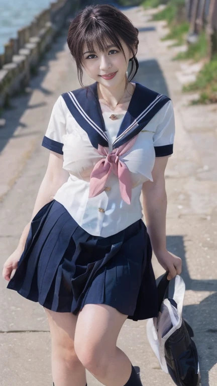 full body shot, from below,  japanese mature,  detailed face , smile,  white skin, (curvy body, Large Breasts,  plump thighs:1.5), (earrings,  Necklaces ,  high school uniform ,  sailor suit, sailor collar,  Navy Blue Pleated Mini Skirt,JK_style,short-sleeved JK_sailor:1.2), (Short socks, wearing loafers :1.2), ( takes a picture of the whole body from toe to head,  standing on the seaside , model posing:1.2), ( surrealism, best quality, ultra detailed, absolutely resolution, 8k, anatomically correct), depth of field, looking at viewer, tachi-e