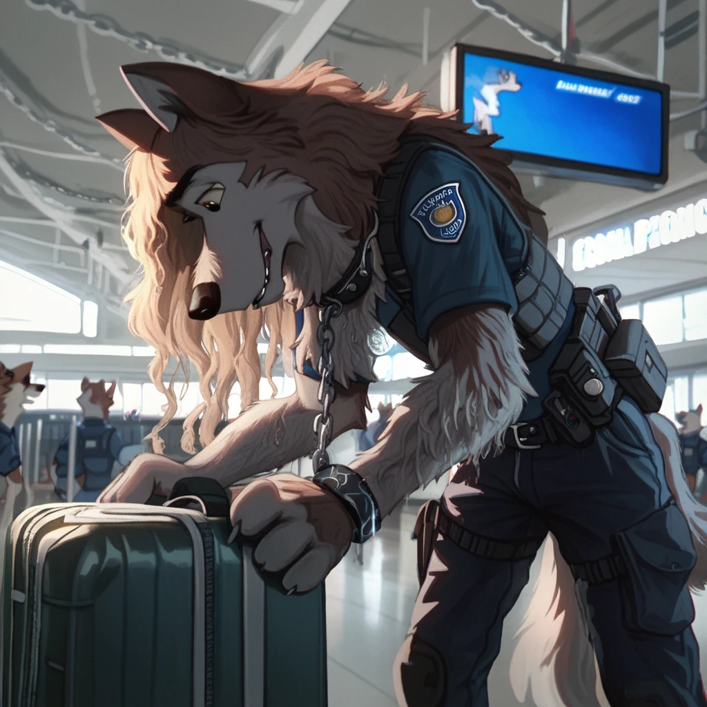 score_9, score_8_up, score_7_up, score_6_up, aleu, jenna,  very extra long haired, anthropomorphic, adult, furry, wolf, wearing a heavy police vest,panting, transit station,anthro, black tactical uniform, chain collar, adult furry wolf, wavy hair, long slender snout, sniffing luggage, furry wolf sniffling the luggage with it's nose 