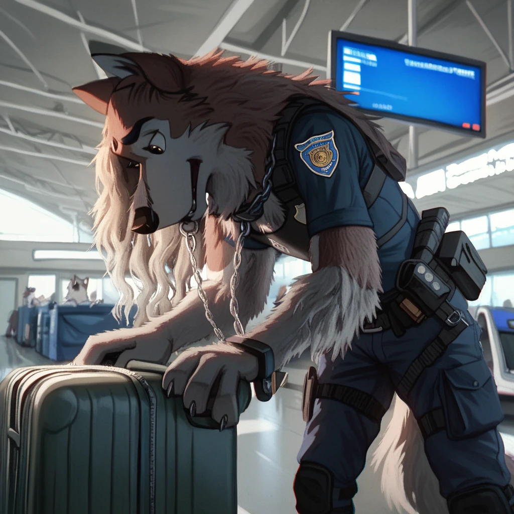 score_9, score_8_up, score_7_up, score_6_up, aleu, jenna,  very extra long haired, anthropomorphic, adult, furry, wolf, wearing a heavy police vest,panting, transit station,anthro, black tactical uniform, chain collar, adult furry wolf, wavy hair, long slender snout, sniffing luggage, furry wolf sniffling the luggage with it's nose 