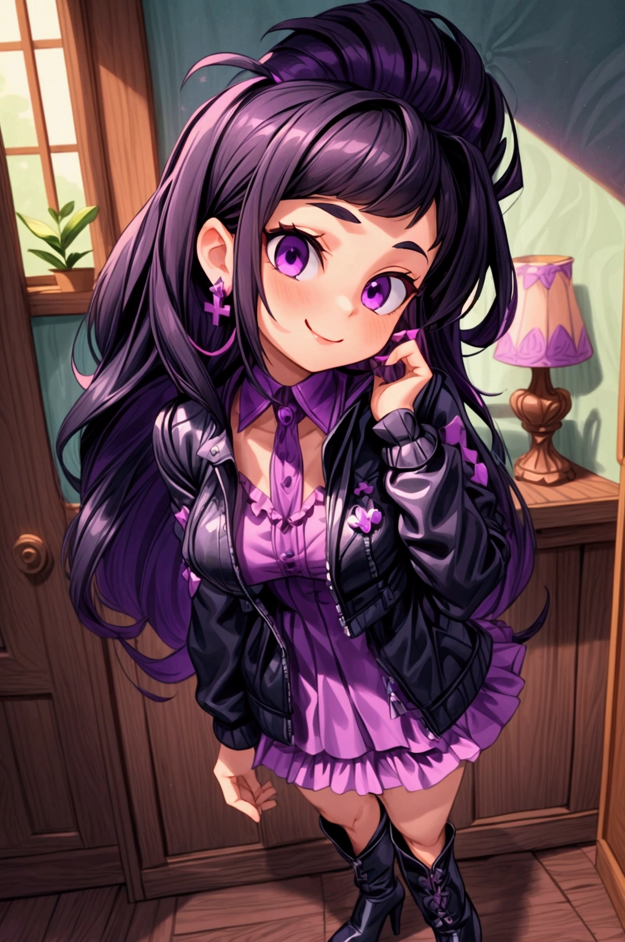 (Masterpiece, best quality) 1 girl, black hair, medium long hair, purple eyes, standing indoors with intricate details and sunlight. Purple frilled dress with short neckline, dark black biker jacket vest, black heels, cross earrings. Sweet smile, sexy pose, coquette, beautiful legs, mature body, gorgeous, pronounced breasts