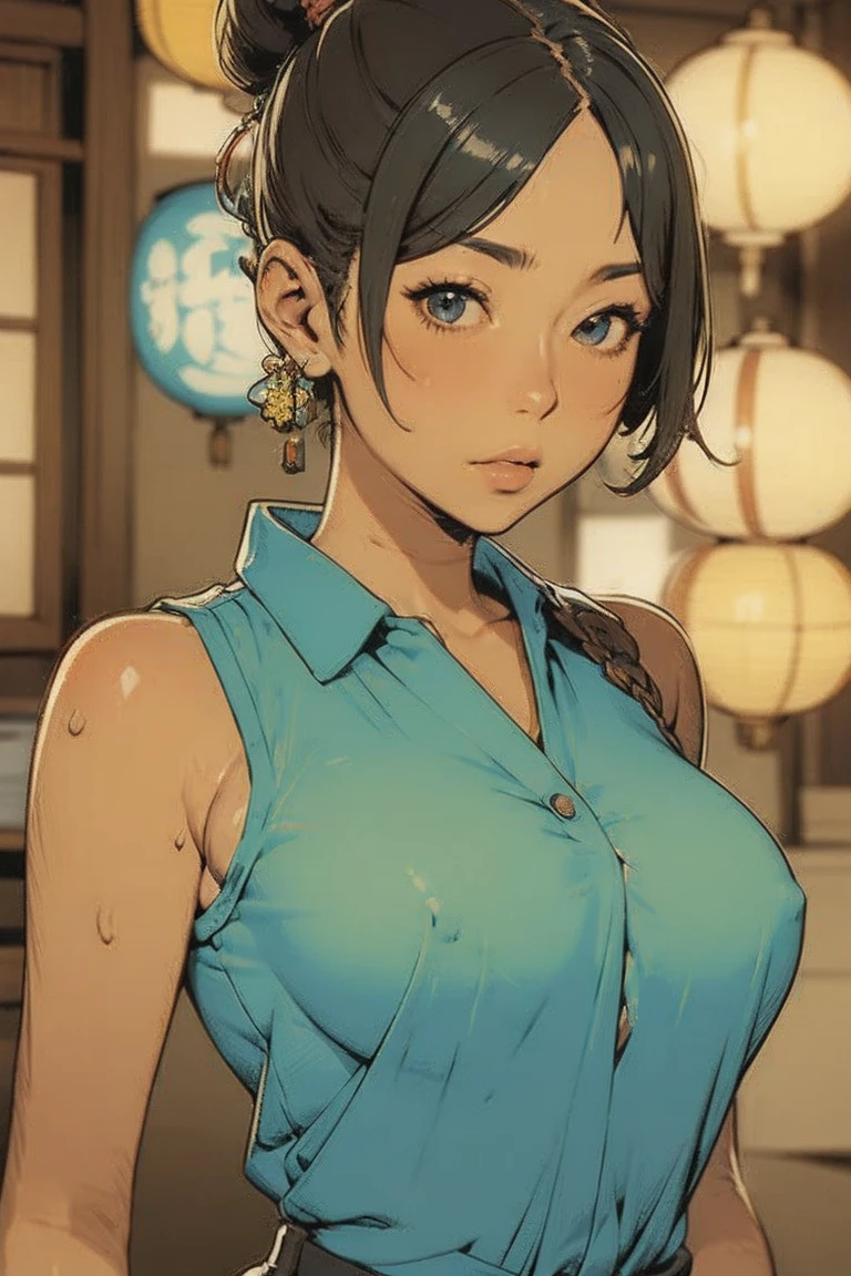 woman,Japanese, blue shirt, sleeveless, realistic detail,  high definition ,Bokeh,Outstanding details