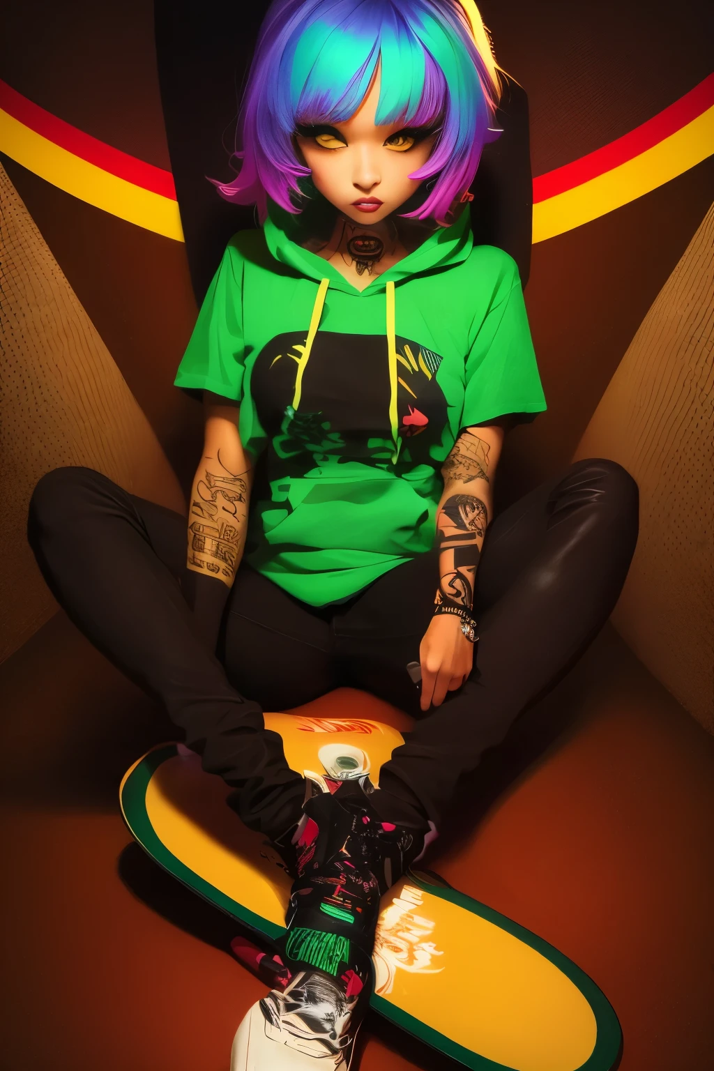 The most beautiful and sexy skateboard girl, rainbow colored hair, yellow eyes, wearing hoodie, graphic t-shirt, torn skinny jeans and highly detailed skateboard gear, tons of tattoos and piercings, highly detailed background, perfect masterpiece, high quality, high resolution