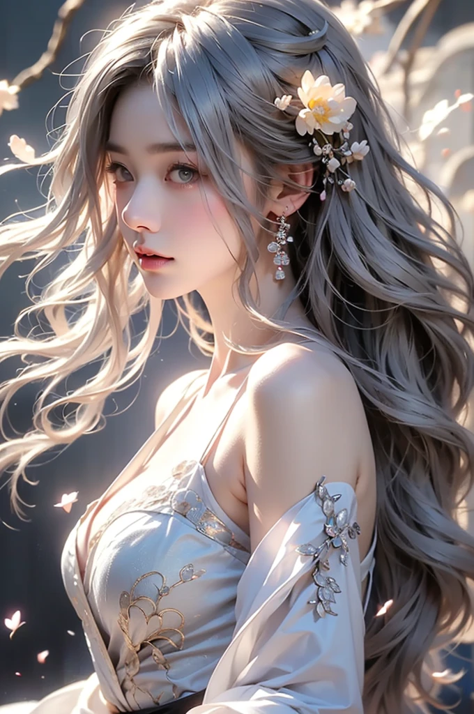 super high quality, masterpiece, Perfect illustration, Extremely detailed (Exquisite light and shadow, A very dramatic picture,Backlight) , ((Gray Hair:1.5))1 girl, alone, (Wearing Han clothes, Black and white Hanfu,monotone,Long sleeves) Flower Field, Flowers, (White smoke:1.3) (Realistic:1.4), Zen Intertwining, Tangled, Official Art, unity 8k wallpaper, Very detailed, Beautiful and beautiful, masterpiece, highest quality, (Dynamic Angle: 1.4), Glowing Skin, (Floating colorful flashes: 1) The most beautiful chaotic shapes, elegant, brutalism design, Bright colors, Romantic Depth of Field Exotic_dance, half_naked、Exposing shoulders、large breasts、Great cleavage、（han style、jin style）. look up the sky.
