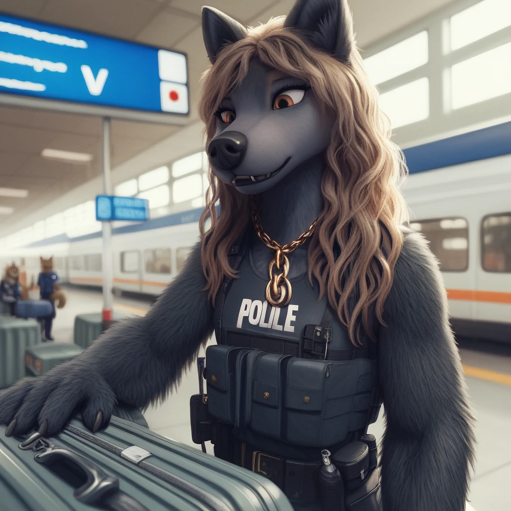 score_9, score_8_up, score_7_up, score_6_up, kate, alpha and Omega,  very extra long haired, anthropomorphic, adult, furry, wolf, wearing a heavy police vest,panting, transit station,anthro, black tactical uniform, chain collar, adult furry wolf, wavy hair, long slender snout, sniffing luggage, furry wolf sniffling the luggage with it's nose 