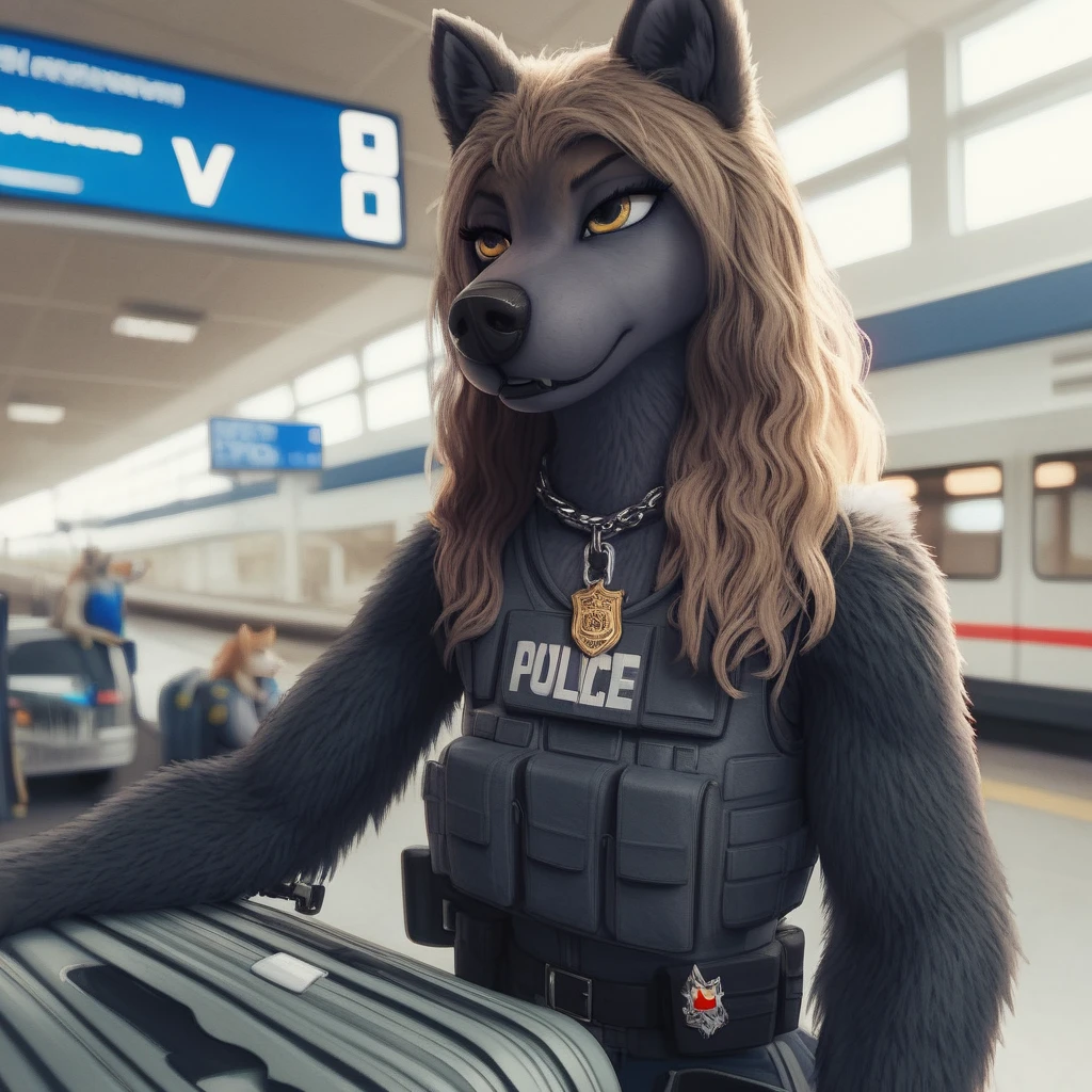 score_9, score_8_up, score_7_up, score_6_up, kate, alpha and Omega,  very extra long haired, anthropomorphic, adult, furry, wolf, wearing a heavy police vest,panting, transit station,anthro, black tactical uniform, chain collar, adult furry wolf, wavy hair, long slender snout, sniffing luggage, furry wolf sniffling the luggage with it's nose 