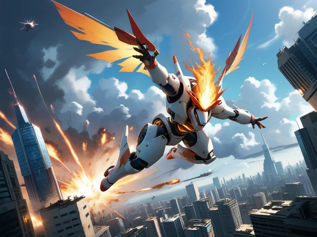 The image shows a futuristic cityscape with tall buildings and skyscrapers. In the center of the image, there is a large white robot with a crane-like structure on its back, flying through the air. The robot appears to be in mid-air, with its arms outstretched and its legs spread wide. It is surrounded by a large explosion of orange and yellow flames and sparks. On the right side of the robot, there are two smaller robots, one white and one red, engaged in a battle. The background is filled with smoke and explosions, creating a chaotic and intense atmosphere. The sky is dark and cloudy, adding to the dramatic mood of the scene.