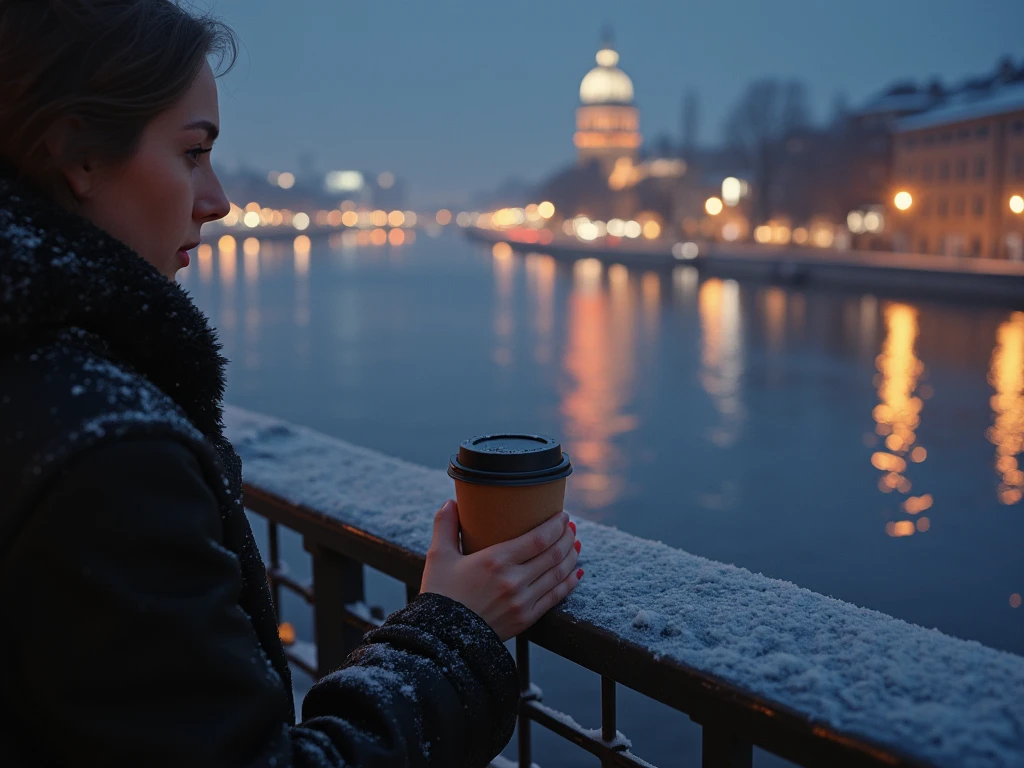 Masterpiece, (((highly detailed digital art of the background reflection of the water surface))), a woman with smooth skin and red manicured nails holding a paper cup（brown）of coffe in her right hand. She is looks the river on a large bridge, with a vast, clear river beneath her. The water reflects the city lights, creating a striking reflection. The scene is set on a snowy night, focus on the river, captured from behind and over her shoulder. The model is anatomically correct, with accurate proportions and high-definition details, rendered in 8k resolution. The scene includes reflected light and a soft, ambient glow from the city lights, showcasing the beauty of the winter night.