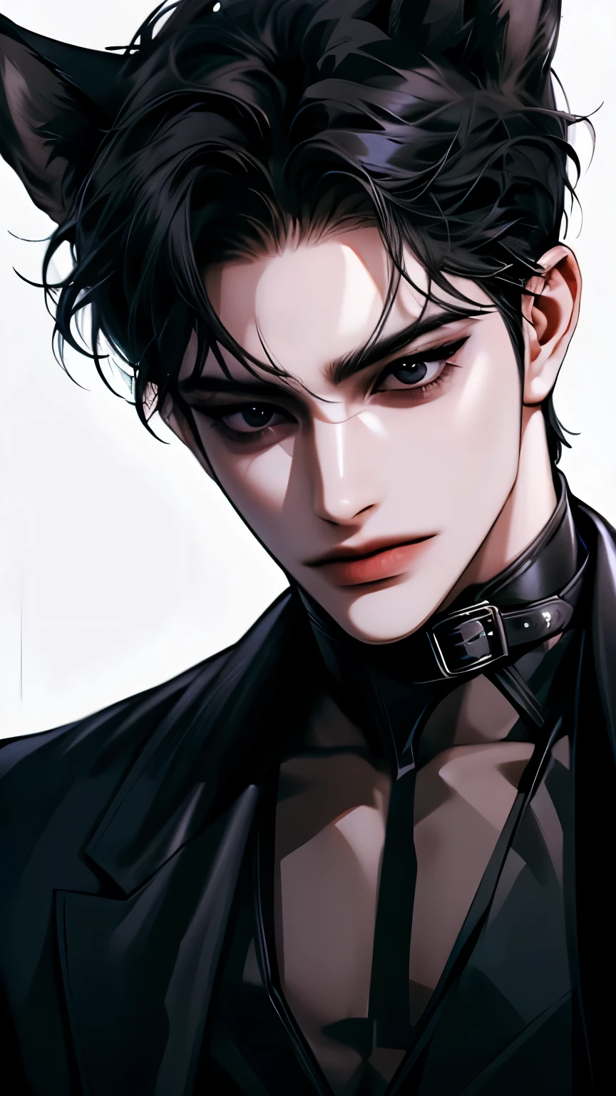 boy, ( black hair and black eyes),  white skin ,  sharp eyes,  close up, ((black suit,  black shirt)), black background, ((muzzle)), (black wolf ears), (((An infallible face)))