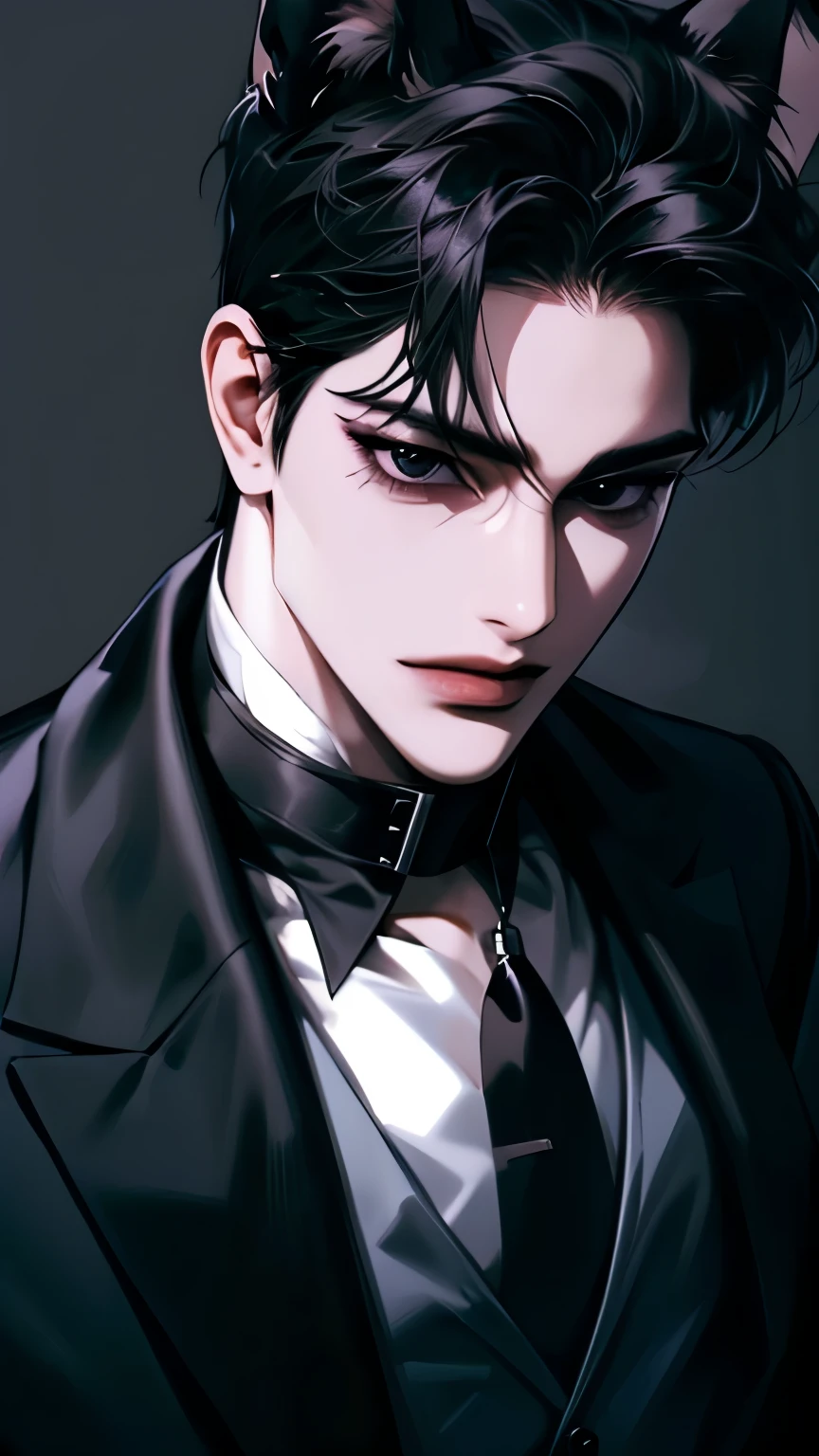 boy, ( black hair and black eyes),  white skin ,  sharp eyes,  close up, ((black suit,  black shirt)), black background, ((muzzle)), (black wolf ears), (((An infallible face)))