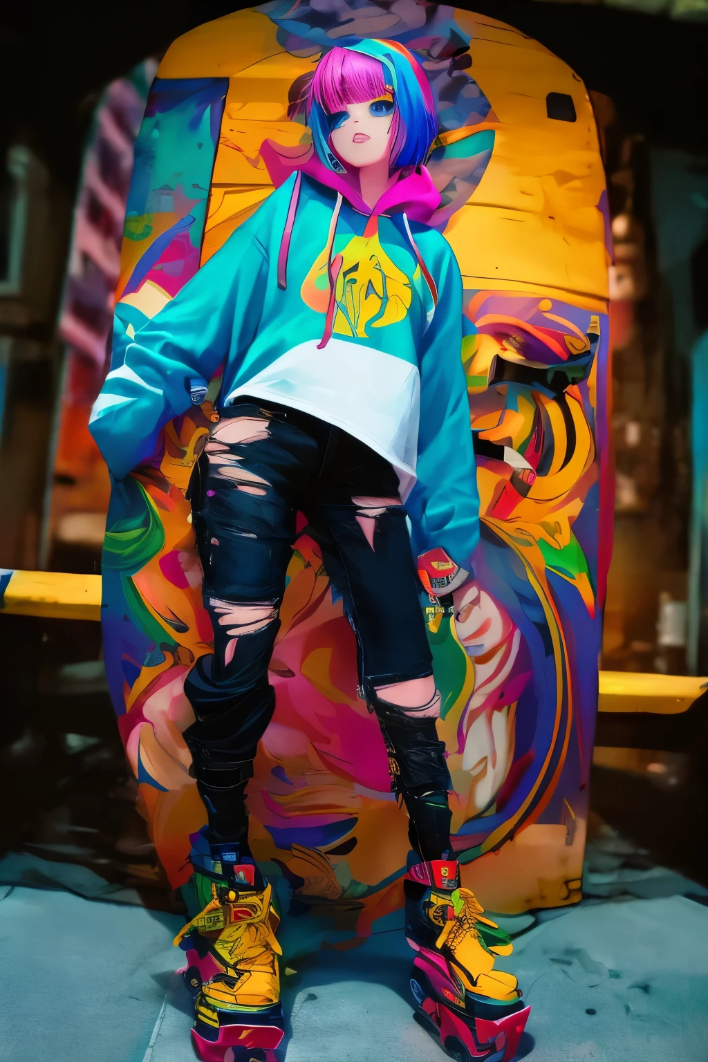 The most beautiful and sexy skateboard girl, rainbow colored hair, yellow eyes, wearing hoodie, graphic t-shirt, torn skinny jeans and highly detailed skateboard gear, tons of tattoos and piercings, highly detailed background, perfect masterpiece, high quality, high resolution