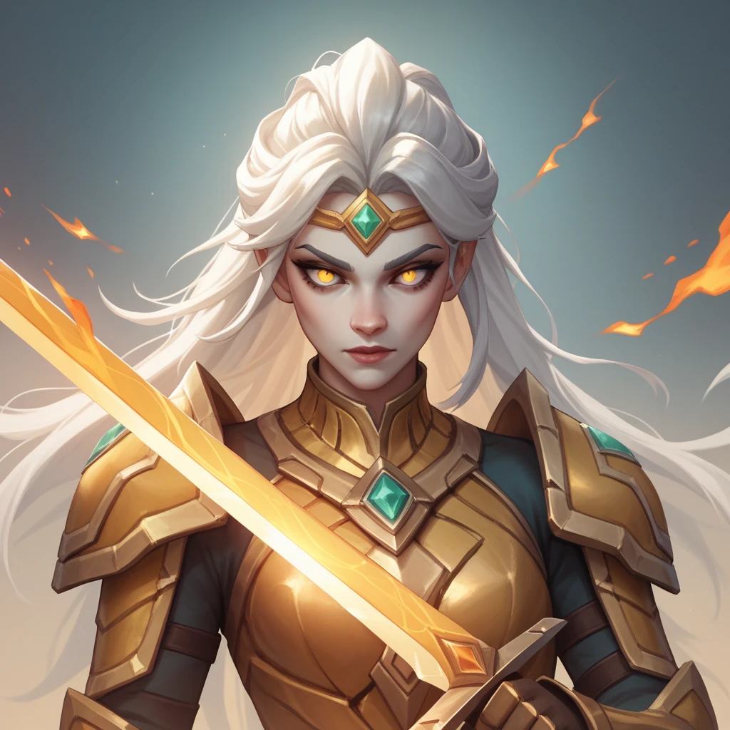 Drenaica, paladin, forged by light, white skin, golden eyes, in the light, white hair, long hair, golden armor, runes of light, two-handed sword in the right hand, sword of crystal, burning light planet on the background.