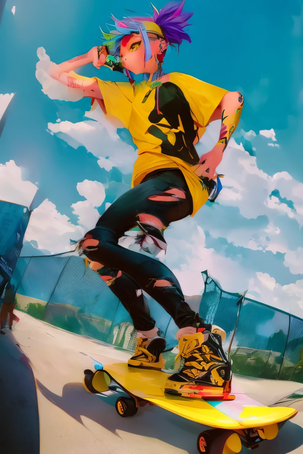 The most beautiful and sexy skateboard girl, rainbow colored hair, yellow eyes, wearing hoodie, graphic t-shirt, torn skinny jeans and highly detailed skateboard gear, tons of tattoos and piercings, highly detailed background, perfect masterpiece, high quality, high resolution