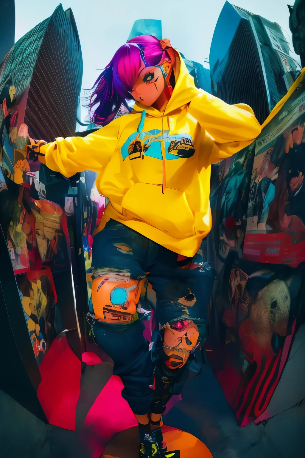 The most beautiful and sexy skateboard girl, rainbow colored hair, yellow eyes, wearing hoodie, graphic t-shirt, torn skinny jeans and highly detailed skateboard gear, tons of tattoos and piercings, highly detailed background, perfect masterpiece, high quality, high resolution