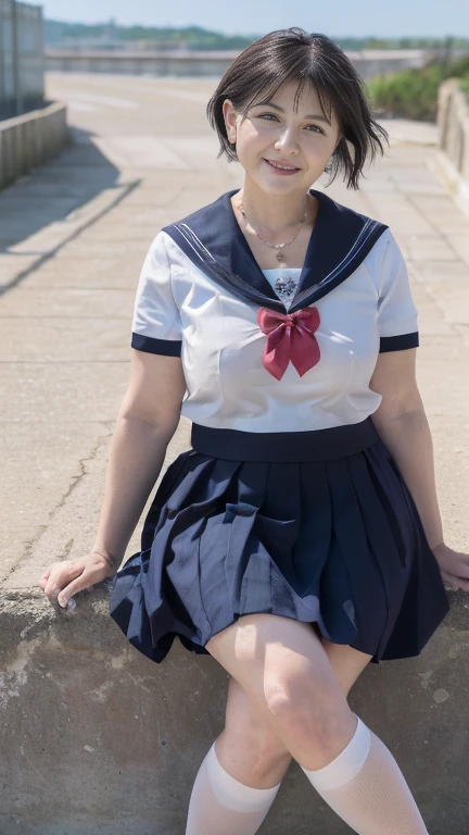 full body shot, from below,  japanese mature, 60 years old,  detailed face , smile,  white skin, (curvy body, Large Breasts,  plump thighs:1.5), (earrings,  Necklaces ,  high school uniform ,  sailor suit, sailor collar,  Navy Blue Pleated Mini Skirt,JK_style,short-sleeved JK_sailor:1.2), (Short socks, wearing loafers :1.2), ( takes a picture of the whole body from toe to head,  standing on the seaside , model posing:1.2), ( surrealism, best quality, ultra detailed, absolutely resolution, 8k, anatomically correct), depth of field, looking at viewer, tachi-e