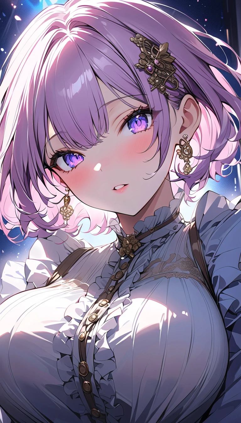 (summer clothing photo:1.1, in blue waterfront:1.5), Masterpiece, best quality, (very detailed CG unity 8k wallpaper), (best quality), High definition RAW color art, Animation,sculptures, (black Marble Skin), (((Ultra detailed elegant))), Magical atmosphere, Detailed skin, Texture,(Intricately detailed, Fine detail, ultra-detail art), depth of fields, bokeh, Silky Touch, Hyper Detail, beautiful eyes, Elegant Face, (lying on pink glass floor), sparkle background, enormous breast:1.3, (silver hair), pastel purple, embarrassing face, short hair, necktie
