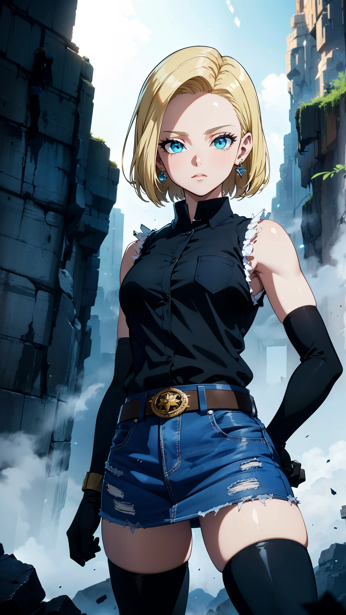is of the best quality, high resolution, 1 Girl, slim figure , Android 18, blond, Short hair, blue eyes , sparkling eyes , confident for a long time , earrings, open blue denim vest , black stockings, Black Shirt , blue denim skirt , long shoulder strap sleeve , Brown Belt, Black Short Gloves , standing in lunge position ,Arm stretch, glass shards in the background, canyon, night, FOG, epic lighting .