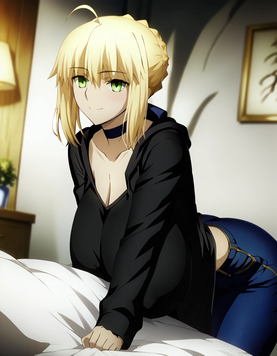 Highest quality, official style, very aesthetic, score_8_up, score_9_up, score_7_up, High Resolution, 1 girl, artoria pendragon, artoria pendragon \(fate\), saber, blonde hair, green eyes, ahoge, sidelocks, official art, black hoodie, white shirt, jeans, choker, masterpiece, high details, high quality, super detail, best quality, cleavage, bent over, leaning forward, seductive smile, seductive, bedroom eyes, blush, cowboy shot, gigantic breasts, erect nipples, wide hip, big ass, hyper breasts, huge breasts,  bed,