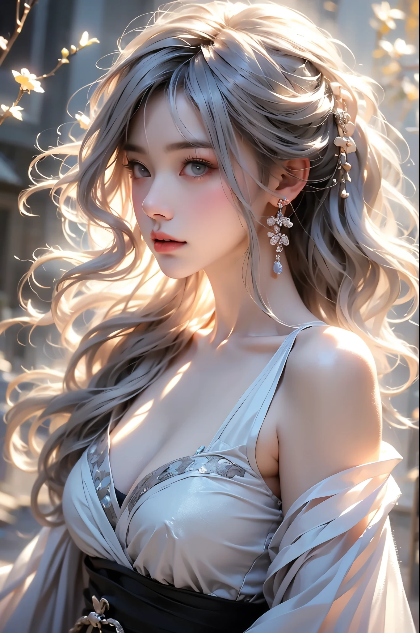 super high quality, masterpiece, Perfect illustration, Extremely detailed (Exquisite light and shadow, A very dramatic picture,Backlight) , ((Gray Hair:1.5))1 girl, alone, (Wearing Han clothes, Black and white Hanfu,monotone,Long sleeves) Flower Field, Flowers, (White smoke:1.3) (Realistic:1.4), Zen Intertwining, Tangled, Official Art, unity 8k wallpaper, Very detailed, Beautiful and beautiful, masterpiece, highest quality, (Dynamic Angle: 1.4), Glowing Skin, (Floating colorful flashes: 1) The most beautiful chaotic shapes, elegant, brutalism design, Bright colors, Romantic Depth of Field Exotic_dance, half_naked、Exposing shoulders、large breasts、Great cleavage、（han style、jin style）. look up the sky.
