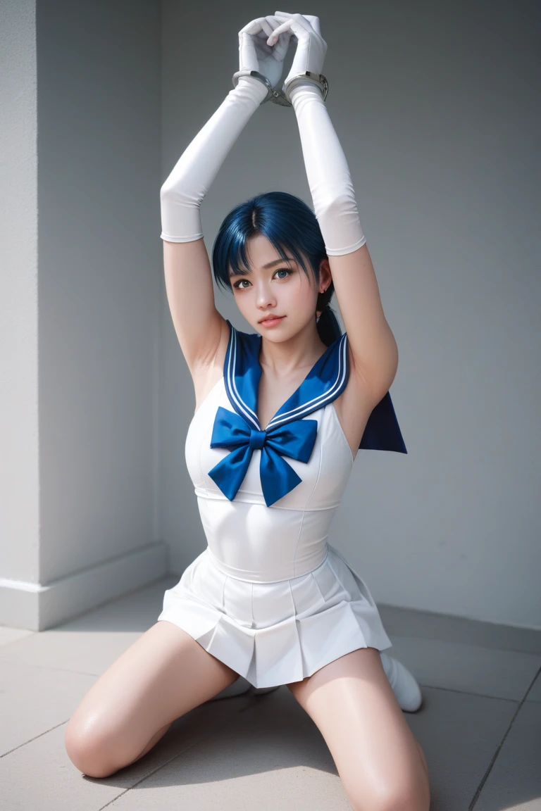 sailor suit warrior， White Long Gloves ， Wear handcuffs on both hands，Raise your hands above your head，Kneeling on the ground