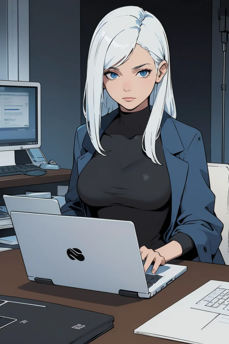 sitting working on a laptop、 young woman with white hair wearing a black t-shirt and a blue coat, Her power is technology , Semi-realism