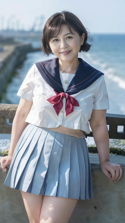 full body shot, from below,  japanese mature, 60 years old,  detailed face , smile,  white skin, (curvy body, Large Breasts,  plump thighs:1.5), (earrings,  Necklaces ,  high school uniform ,  sailor suit, sailor collar,  Navy Blue Pleated Mini Skirt,JK_style,short-sleeved JK_sailor:1.2), (Short socks, wearing loafers :1.2), ( takes a picture of the whole body from toe to head,  standing on the seaside , standing:1.2), ( surrealism, best quality, ultra detailed, absolutely resolution, 8k, anatomically correct), depth of field, looking at viewer, tachi-e