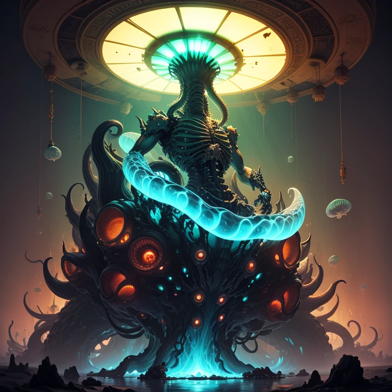 ((best quality)), ((masterpiece), (high detail), (highres), looking up at the infinite length of the universe, endless galaxies, dangerous black holes, exploding supernovae, floating stars, endless staircase, nebula, ominous, cinematic atmosphere, negative dark mode, mc escher, senseijaye art, matrix atmosphere, digital code rotation, matte painting, A golden pearl in a mecha suit sits on a jungle vine, colorful poisonous flower vines, surrounded by hordes of red tentacles, antennae: 1.5), hordes of tentacles in the background, fluffy, detailed, cinematic lighting, vibrant nature, volumetric light, trends on artstation, Octane rendering.", trends on artstation, sharp focus, studio photos, intricate details, very detailed, ((fantasy)), intricate, Unreal Engine,