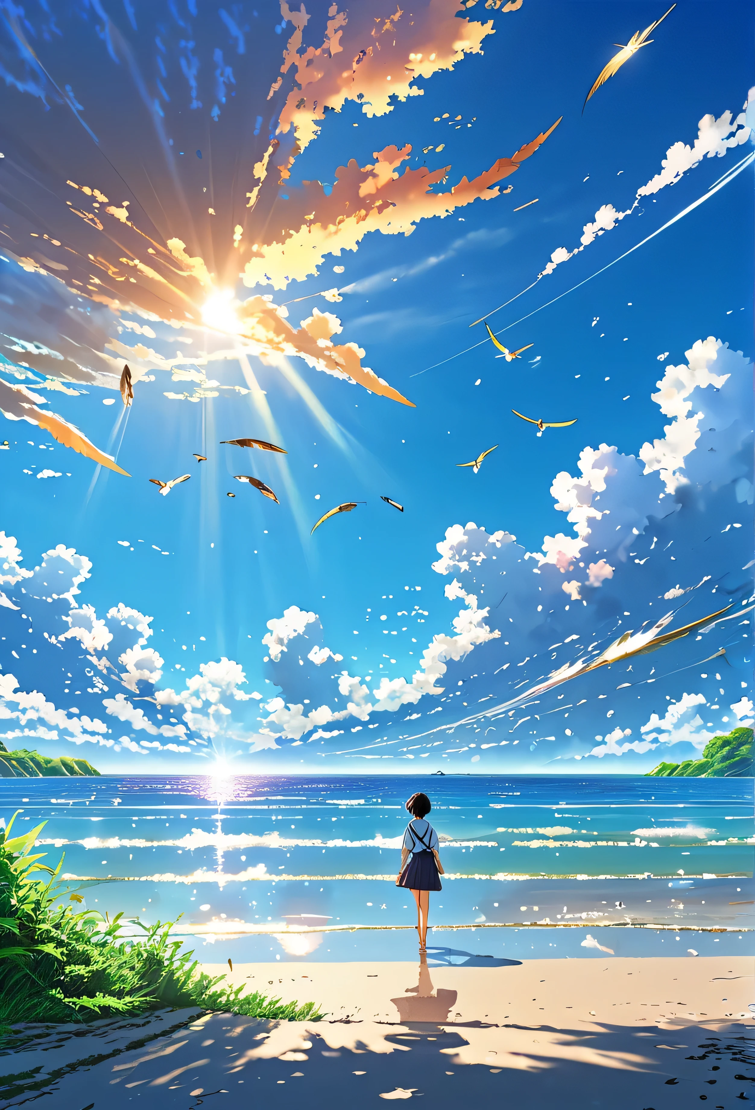 Well detailed anime landscape, The 100 series poster style with people falling from the sky, Os 100, people falling to the sky, beautiful horizon on the beach, floating wing feathers
falling seen from afar, clouds, small with brush strokes, serene sky anime nature wallpaper, anime beautiful scene, beautiful anime peace scene, Makoto Shinkai Cyril Rolando, beautiful anime scene, amazing wallpaper, wallpaper anime art 8k, anime background, anime art background, anime 4k wallpaper, anime art 4k wallpaper, anime art 4k wallpaper,