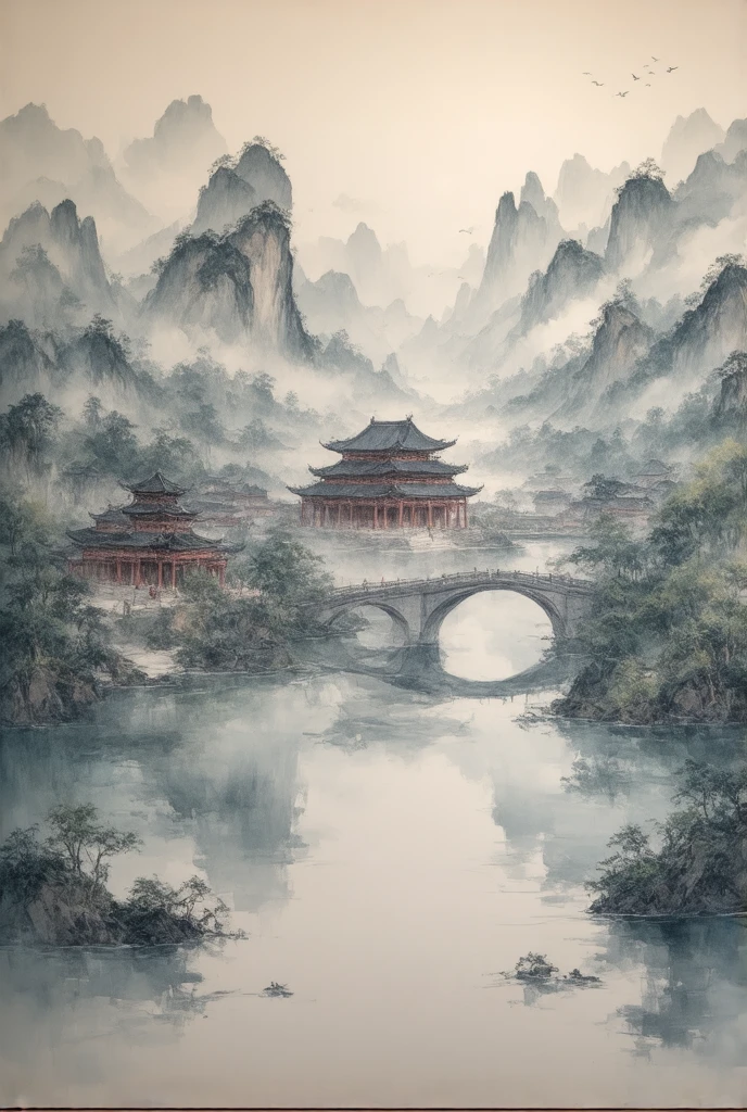 ((City Reflected on Water ))Ancient China,(masterpiece:1.2),超 HD ,  Pay attention to details ,   high quality  ,  HD , 最  high quality  , 4K, 8K、 Landscape Painting