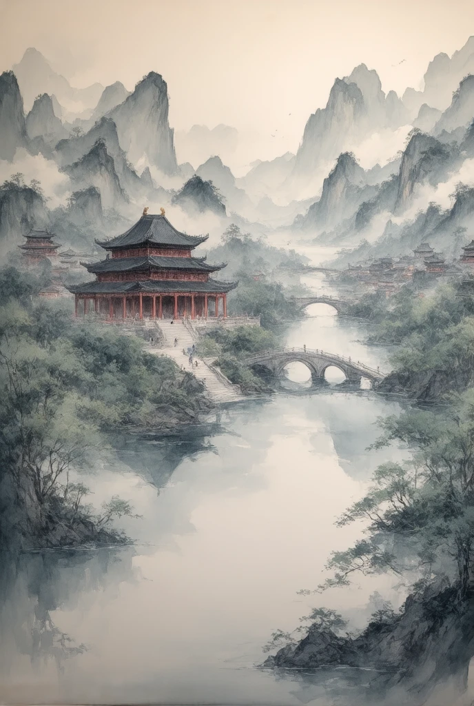 ((City Reflected on Water ))Ancient China,(masterpiece:1.2),超 HD ,  Pay attention to details ,   high quality  ,  HD , 最  high quality  , 4K, 8K、 Landscape Painting